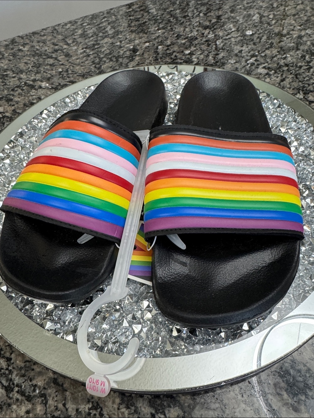 Black Slide Sandals with Rainbow Striped Band NWT Unisex M9/10 W 10/11